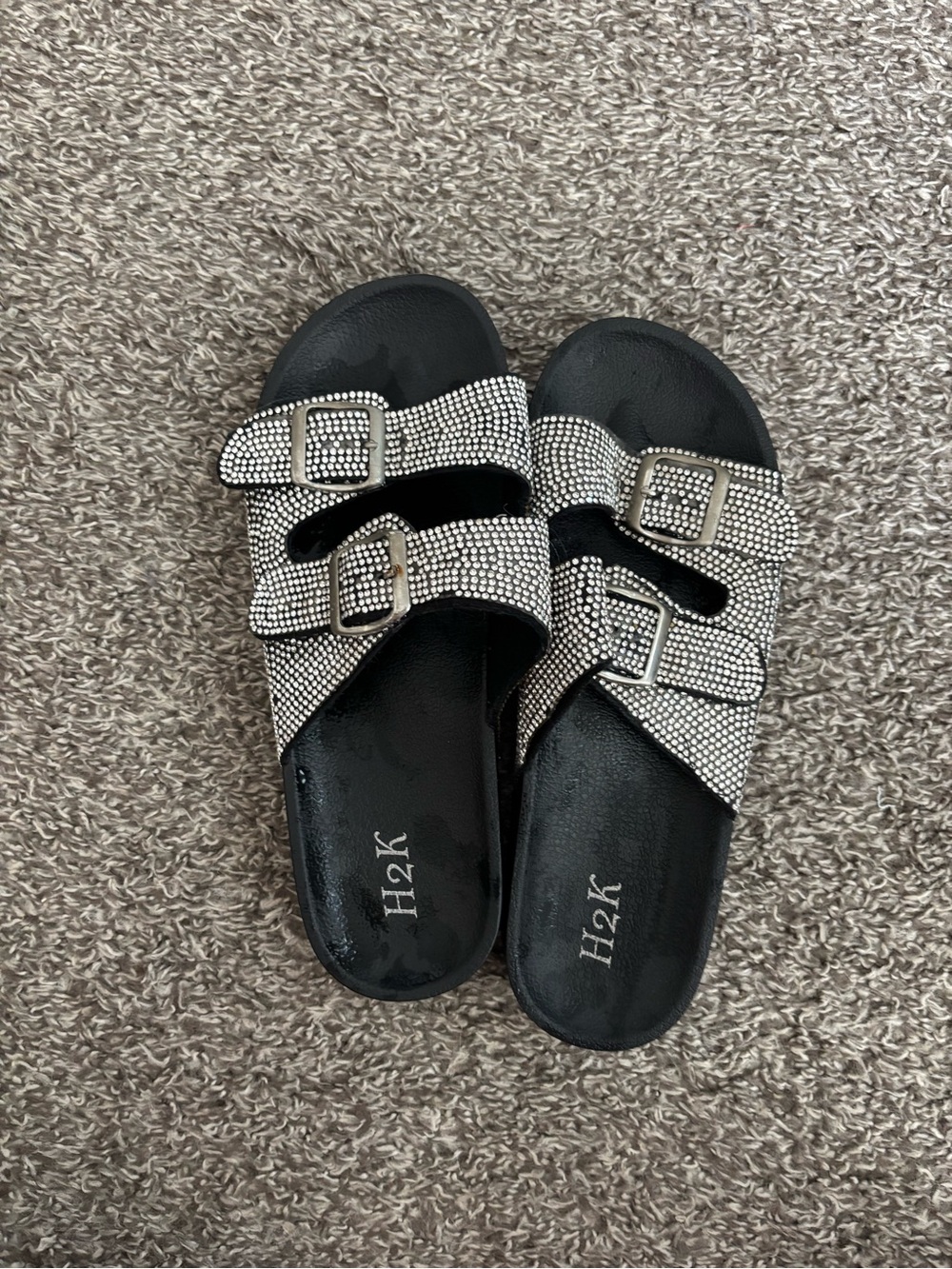 H2K Black Rhinestone Double-Buckle Slide Sandals